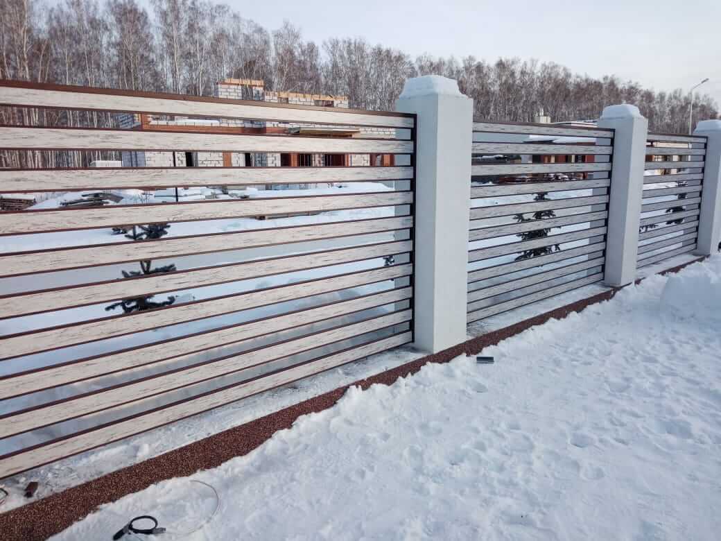 забор-ранчо из металлопланкена 130м каштан красный + беленый дуб фото4 в Рыбинске